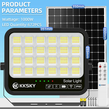 KKSKY 1000W solar light outdoor IP68 waterproof solar flood light,672PCS LED beads, full dimension parameter solar street lamp