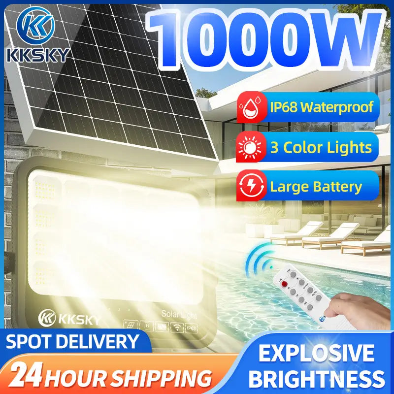 KKSKY 1000W solar light outdoor IP68 waterproof street lamp solar flood light with remote control, bright LED for home backyard patio