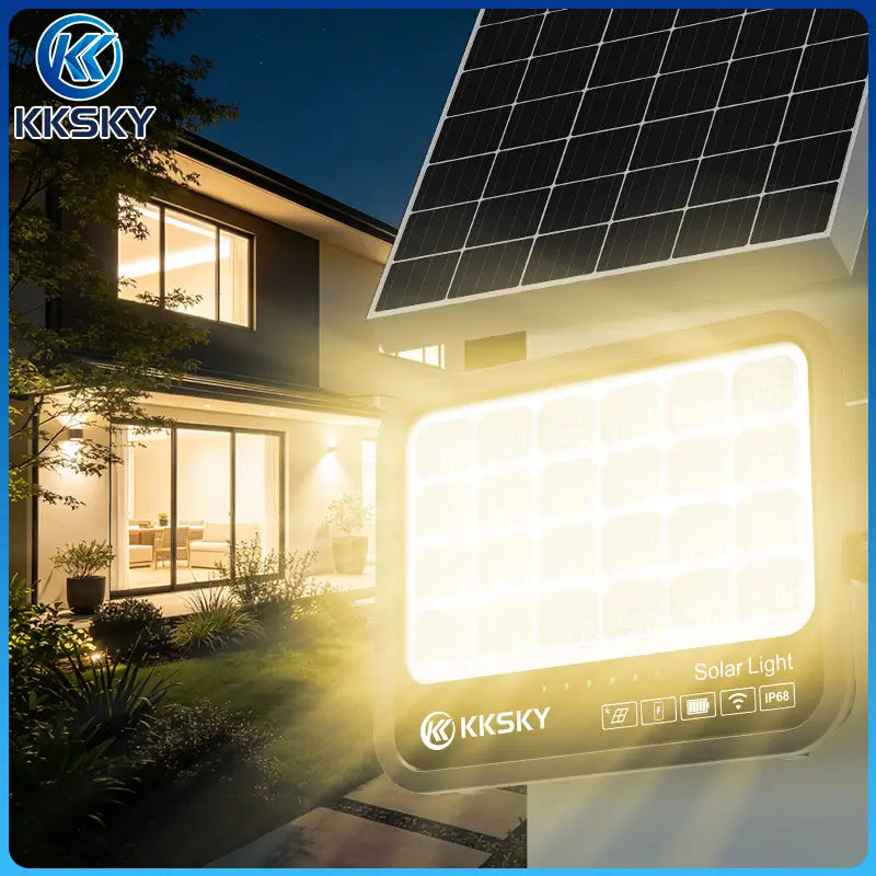 KKSKY 1000W solar light outdoor real‑life usage on villa garden yard wall, bright solar flood street lamp for home exterior