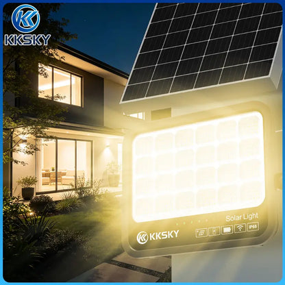 KKSKY 1000W solar light outdoor real‑life usage on villa garden yard wall, bright solar flood street lamp for home exterior