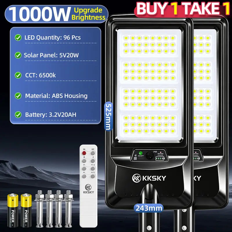 KKSKY 1000W solar street light buy 1 take 1 bundle, upgraded outdoor solar street lamp with remote controller and installation bolts
