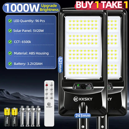 KKSKY 1000W solar street light buy 1 take 1 bundle, upgraded outdoor solar street lamp with remote controller and installation bolts