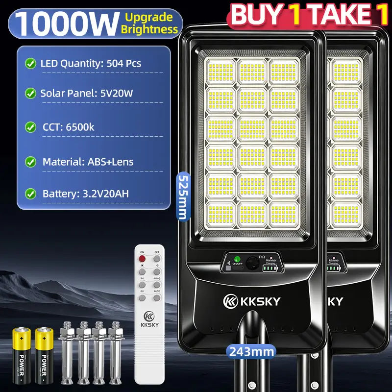 KKSKY 1000W Solar Street Light Outdoor Waterproof Heavy‑Duty Buy 1 Take 1, 504pcs LED lamp detailed spec parameters