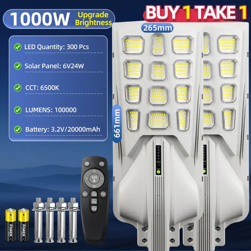 KKSKY 1000W solar street light waterproof outdoor heavy duty buy 1 take 1, 300pcs high brightness LED beads, 20000mAh battery, 100000 lumens solar street lamp