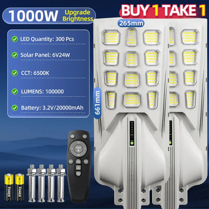 KKSKY 1000W solar street light waterproof outdoor heavy duty buy 1 take 1, 300pcs high brightness LED beads, 20000mAh battery, 100000 lumens solar street lamp