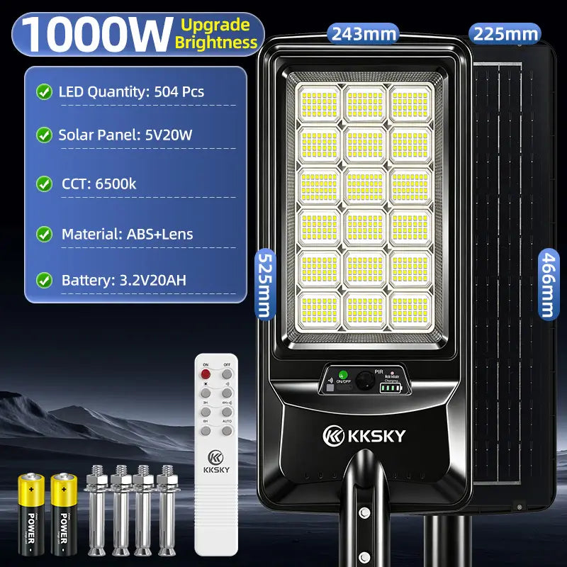 KKSKY 1000W Solar Street Light Outdoor Waterproof Heavy‑Duty dimension measurement, battery and solar panel specifications