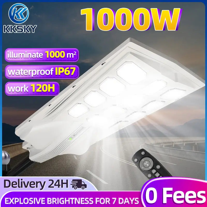 KKSKY 1000W solar street light waterproof outdoor heavy duty, super bright integrated solar LED street lamp with remote control, illuminate up to 1000m² for yard farm driveway
