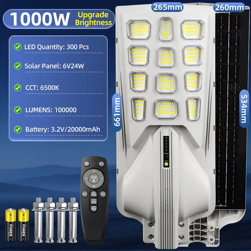 KKSKY 1000W solar street light waterproof outdoor heavy duty dimension specs, 6V24W solar panel, 6500K daylight, PIR motion sensor integrated solar street light