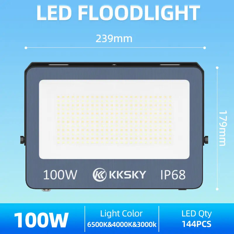 KKSKY 100W LED floodlight IP68 waterproof 3 color temperature dimension details