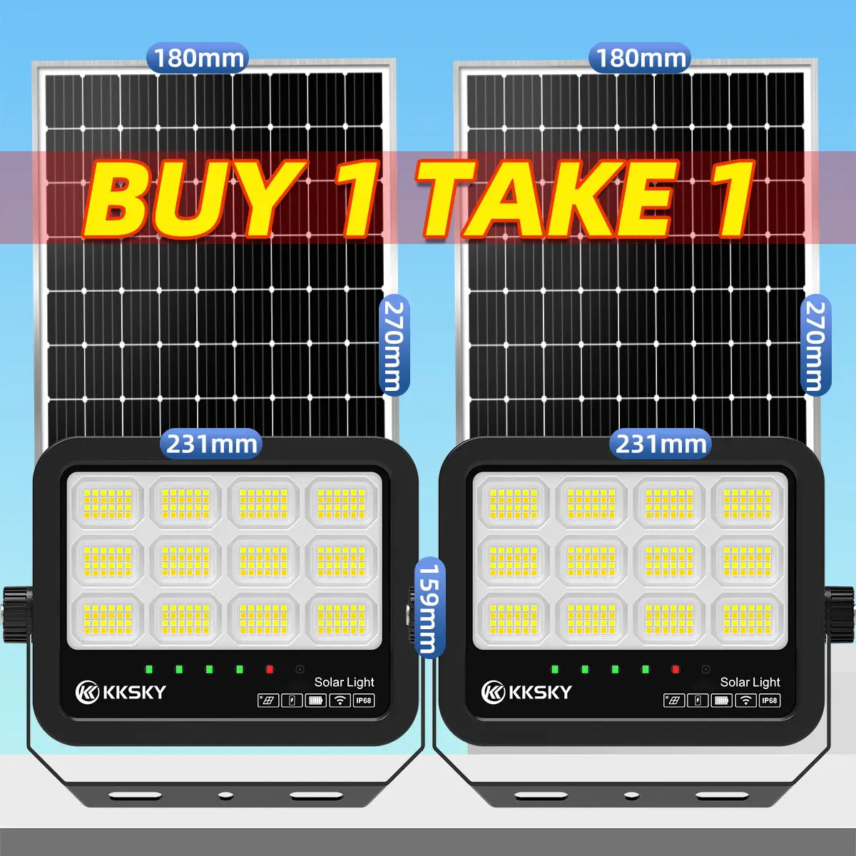 KKSKY 100W solar light outdoor buy 1 take 1 promo, IP68 waterproof solar flood light 2‑pack with dimension size, solar street lamp bundle offer