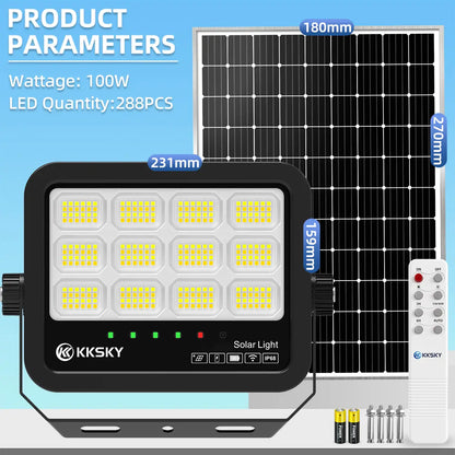 KKSKY 100W solar flood light outdoor IP68, 288PCS LED, product dimension parameters, solar street lamp with remote controller