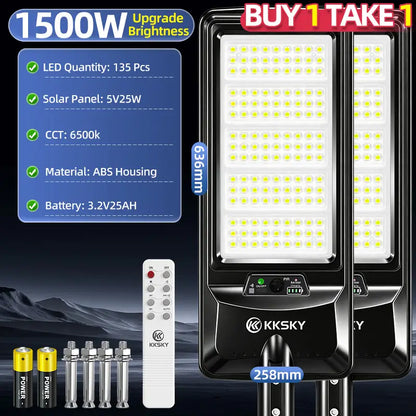 KKSKY 1500W solar street light buy 1 take 1 promo pack, outdoor waterproof solar street lamp with remote and accessories