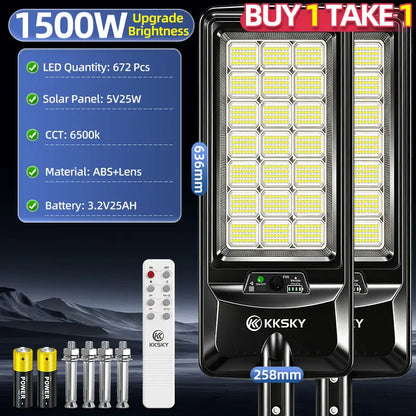 KKSKY 1500W Solar Street Light Outdoor Waterproof Heavy‑Duty Buy 1 Take 1, 672pcs high brightness LED specification sheet