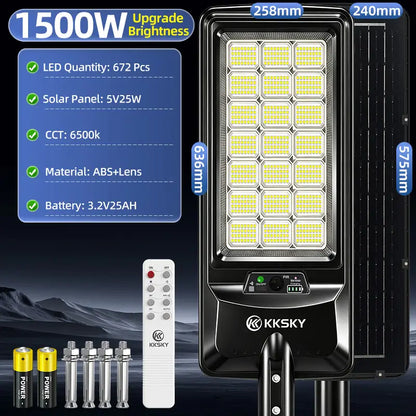 KKSKY 1500W Solar Street Light Outdoor Waterproof Heavy‑Duty full product dimension, solar panel and battery technical specs