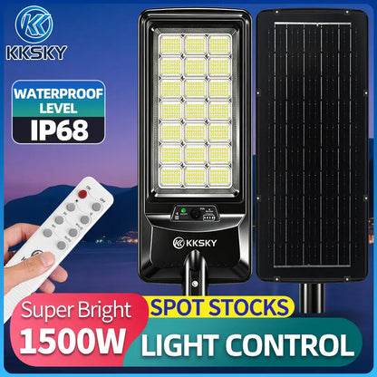 KKSKY 1500W Solar Street Light Outdoor Waterproof Heavy Duty IP68, solar panel and remote control display