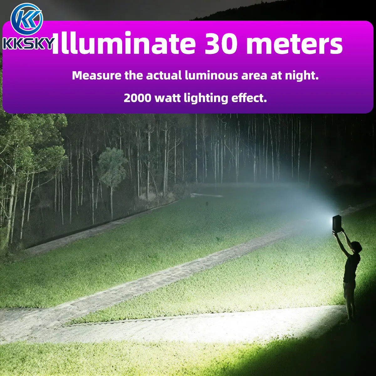 2000W KKSKY solar light with 30-meter long-distance illumination test, showing super bright performance for large outdoor areas