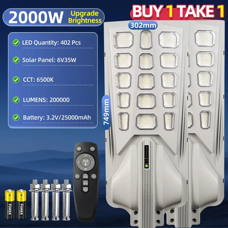 KKSKY 2000W solar street light waterproof outdoor heavy duty buy 1 take 1, 402pcs LED beads, 25000mAh battery, 200000 lumens outdoor solar LED street lamp