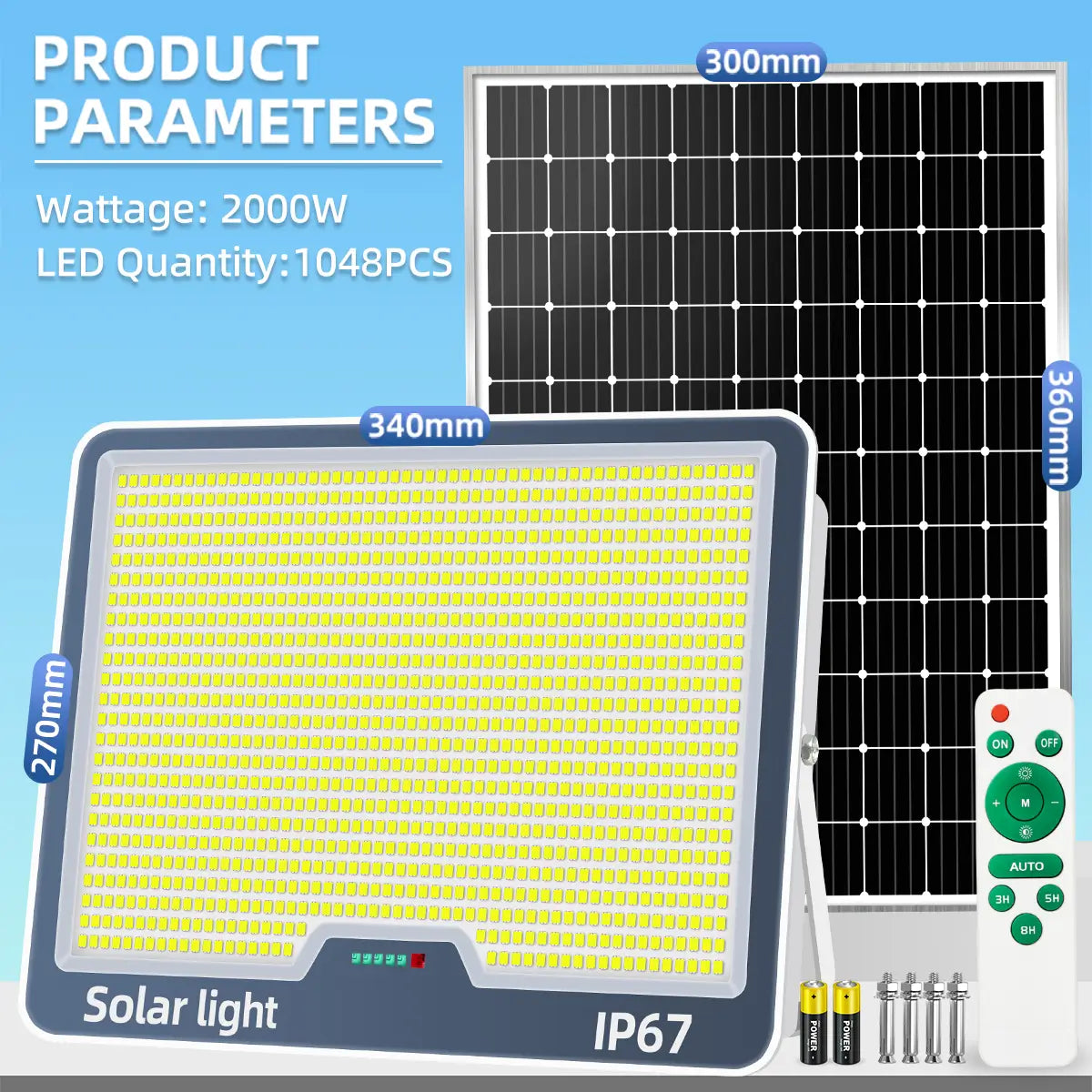 KKSKY 2000W solar street light with solar panel, IP67 waterproof high-brightness outdoor light for parking lots and construction sites