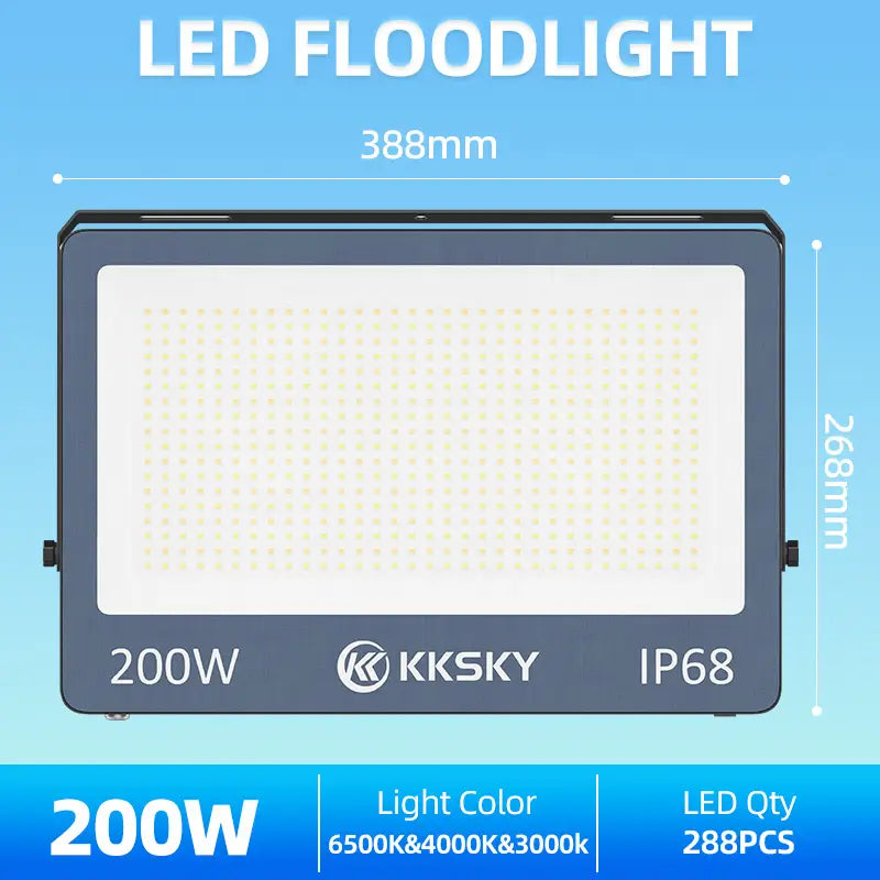 KKSKY 200W LED floodlight IP68 3CCT outdoor lamp dimension parameter display