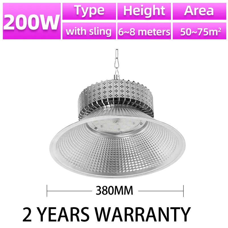 KKsky 200W LED high bay light with sling, 380mm diameter, 2 years warranty, industrial pendant lamp for warehouse 6~8m mounting height, covers 50~75㎡