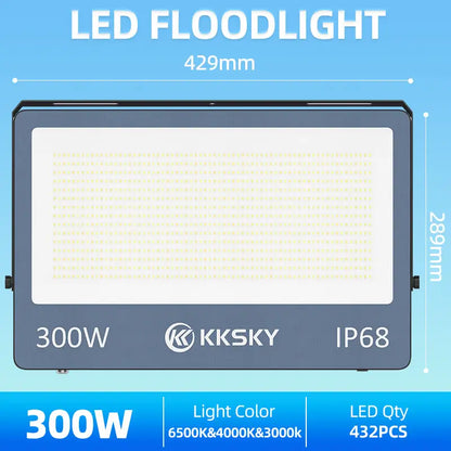 KKSKY 300W LED floodlight IP68 waterproof 3‑color size specification diagram