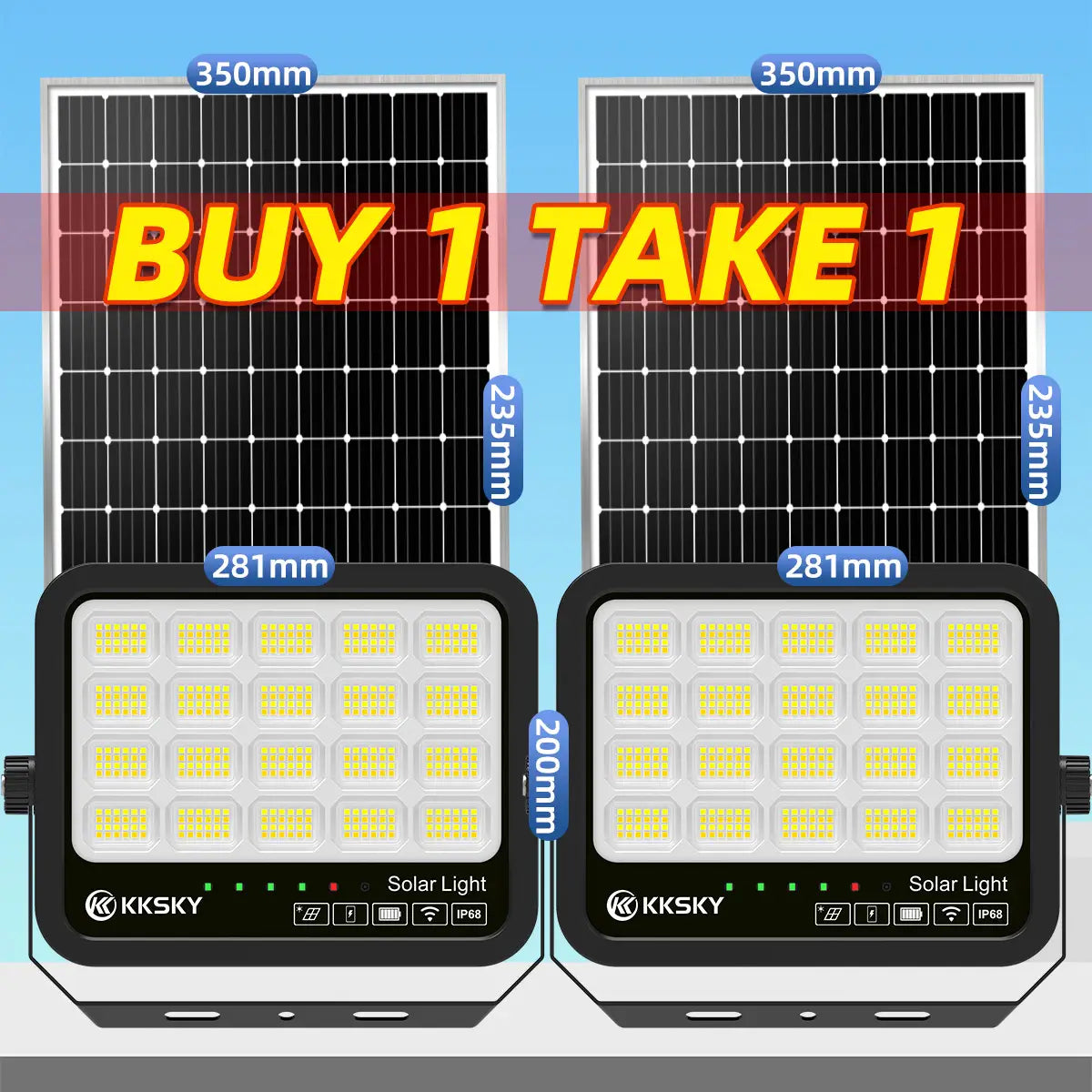 KKSKY 300W solar light outdoor buy 1 take 1 bundle, IP68 solar flood light 2 units set with solar panel dimension, solar street lamp promotion