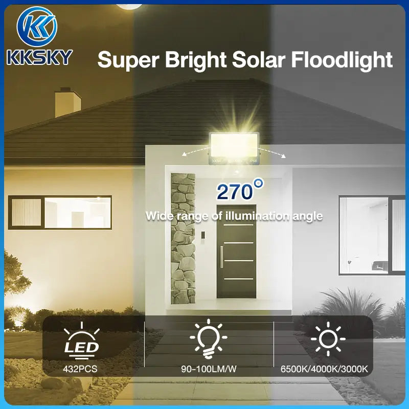 Super bright KKSKY 300W solar floodlight 270° wide beam outdoor security lighting