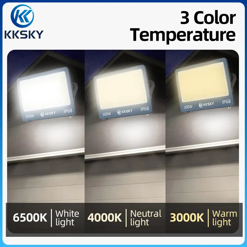3 color lighting demo for KKSKY 300W solar floodlight warm neutral cool white outdoor led lamp