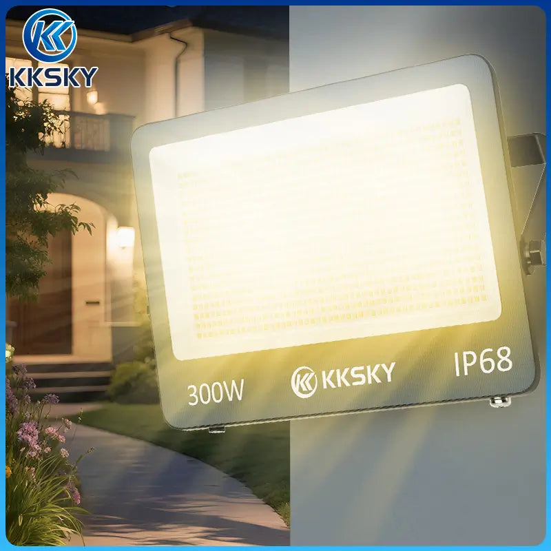 KKSKY 300W solar floodlight mounted on villa wall for yard garden outdoor lighting