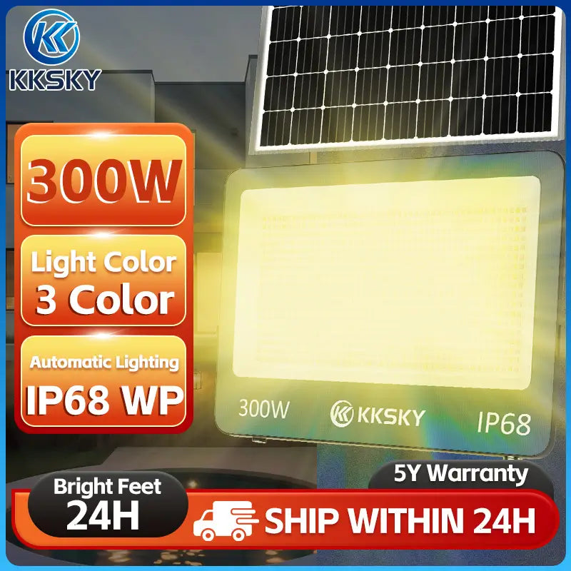 300W KKSKY solar floodlight with solar panel auto lighting IP68 outdoor garden light