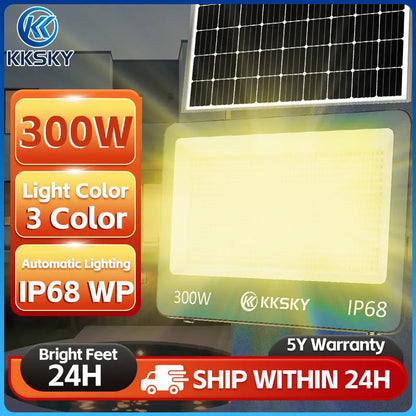 300W KKSKY solar floodlight with solar panel auto lighting IP68 outdoor garden light