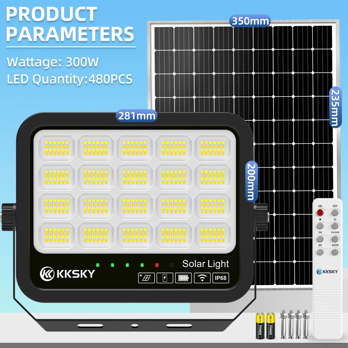 KKSKY 300W solar light outdoor IP68 waterproof solar flood light,480PCS LED beads, dimension specification solar street lamp