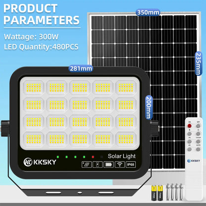 KKSKY 300W solar light outdoor IP68 waterproof solar flood light,480PCS LED beads, dimension specification solar street lamp