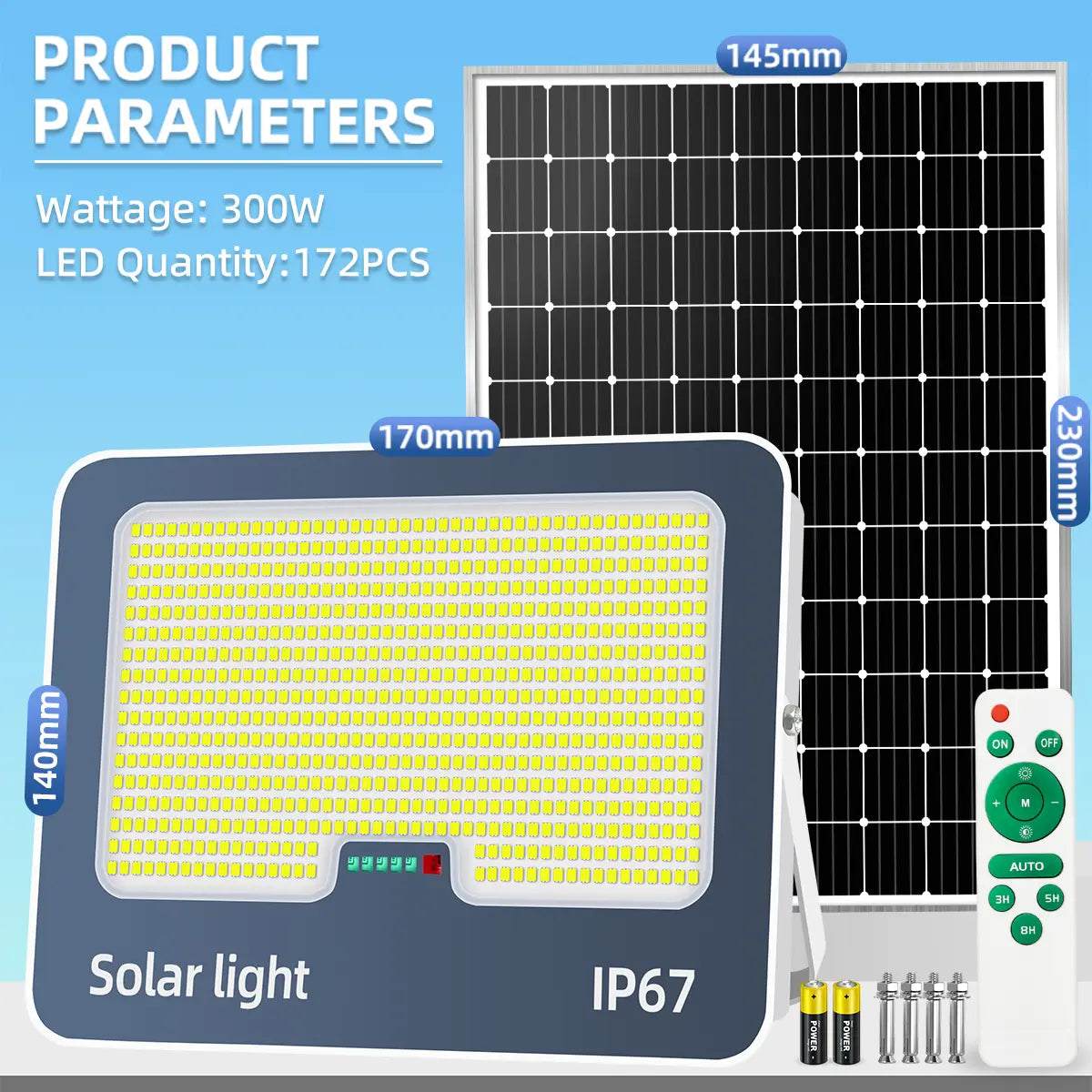 KKSKY 300W solar light with solar panel, IP67 waterproof outdoor garden light, ideal for small yards and patios