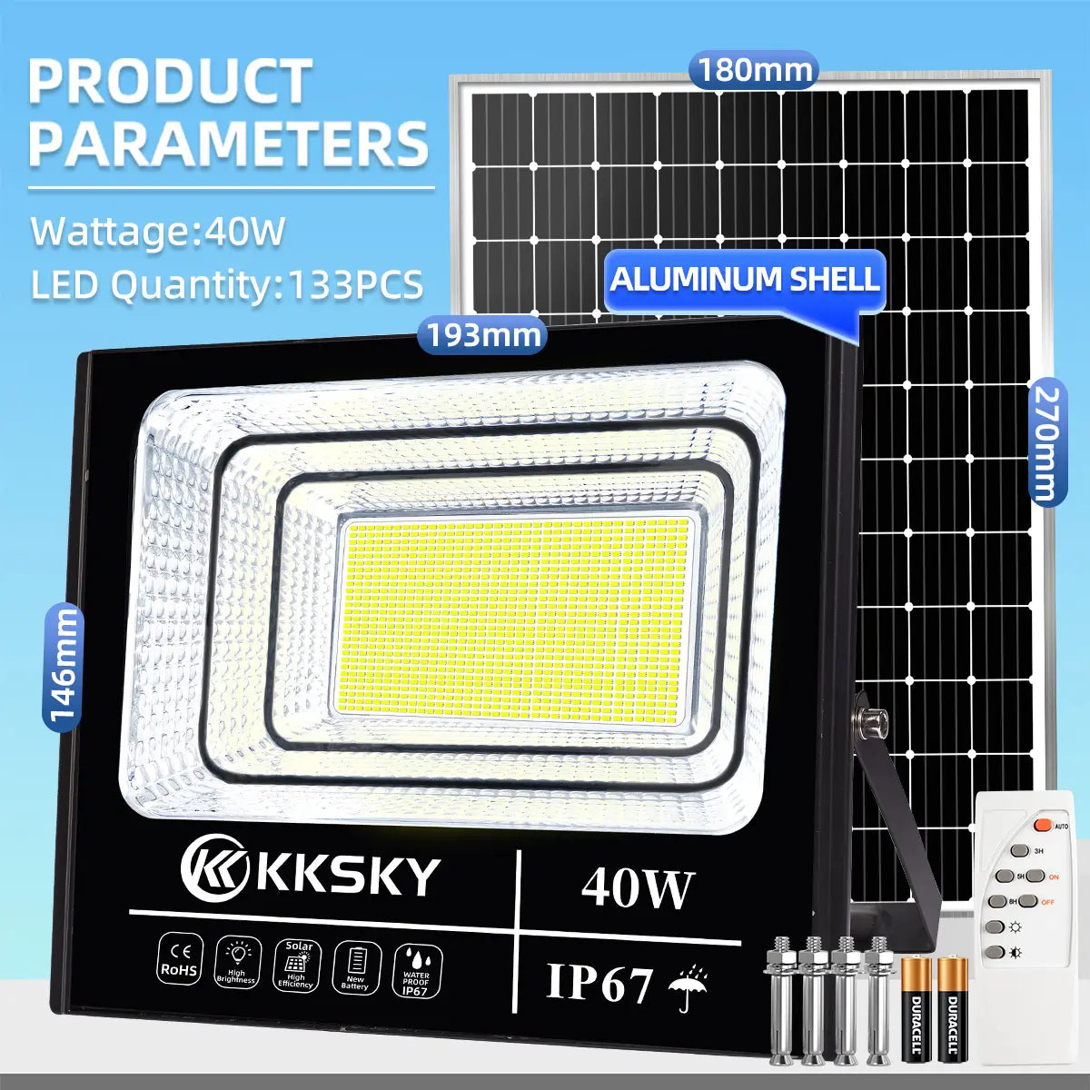 KKSKY 40W solar flood light, IP67 waterproof outdoor light