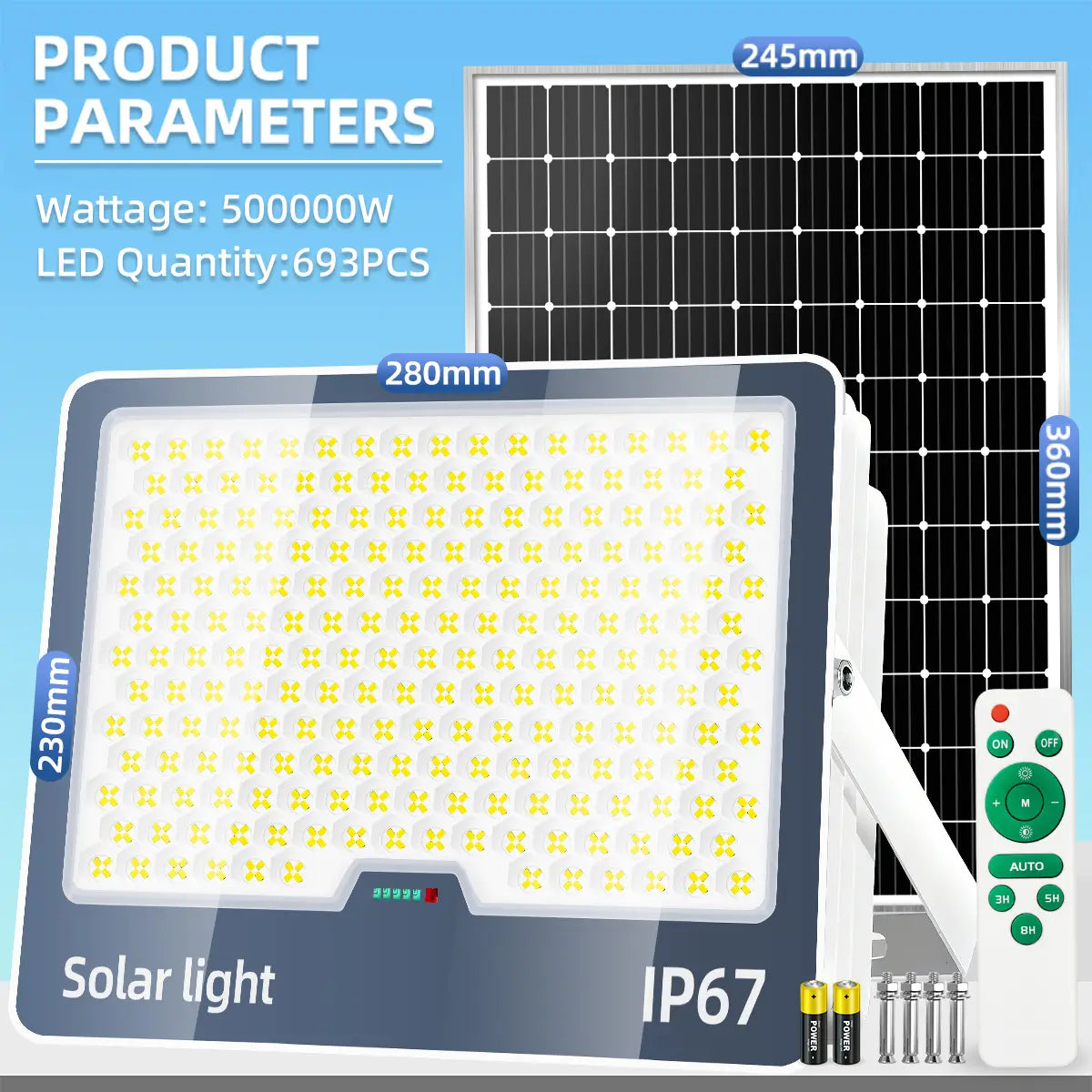 KKSKY 500000W lamp with solar panel, 693PCS LED beads, IP67 waterproof commercial outdoor light for farms and warehouses