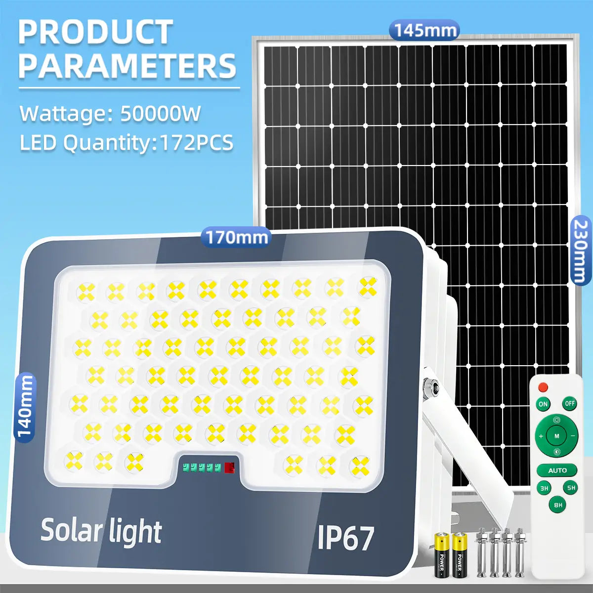 KKSKY 50000W lamp with solar panel, 172PCS LED beads, IP67 waterproof outdoor light for small yards and patios