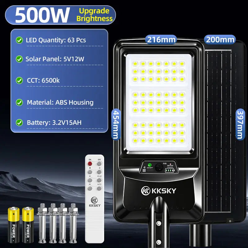 KKSKY 500W all-in-one solar street light outdoor, 63pcs LED beads, PIR motion sensor with remote control, ABS housing solar flood lamp