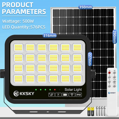 KKSKY 500W solar street lamp IP68 waterproof outdoor solar light,576PCS LED, product dimension and specs with remote control