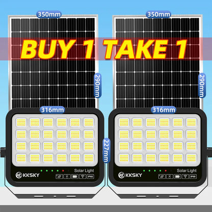 KKSKY 500W solar flood light buy 1 take 1 2‑pack offer, IP68 waterproof outdoor solar street lamp with product dimension specs