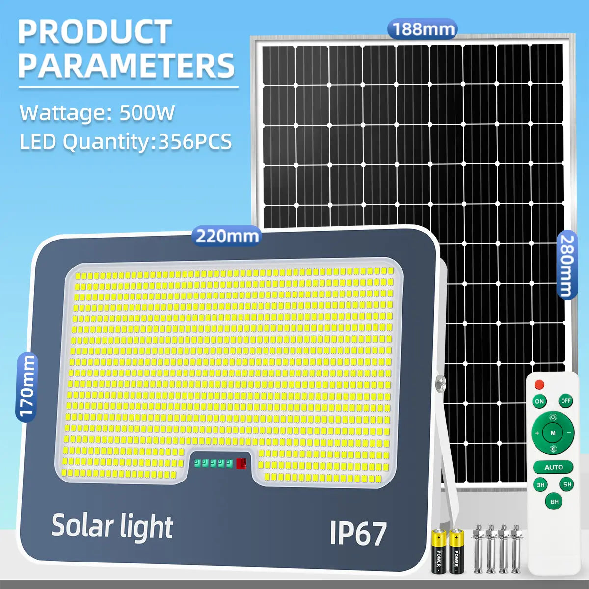 KKSKY 500W outdoor solar light with solar panel, IP67 waterproof flood light for garage entrances and driveways