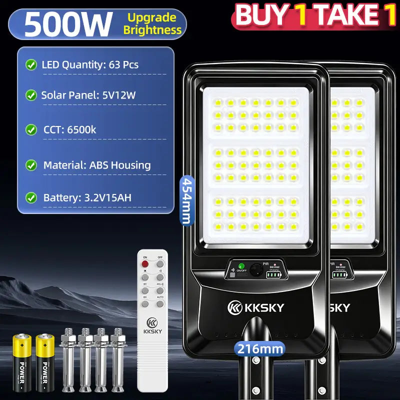 KKSKY 500W solar street light buy 1 take 1 promo bundle, outdoor waterproof solar flood lamp with remote and mounting hardware