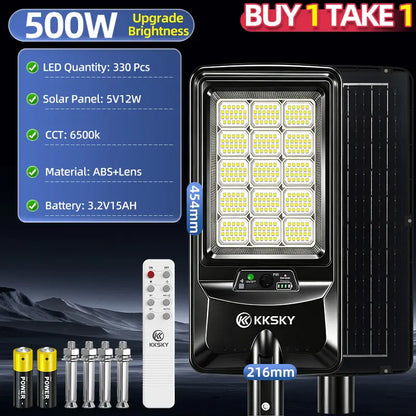 KKSKY 500W Solar Street Light Outdoor Waterproof Heavy‑Duty Buy 1 Take 1, 330pcs LED full specification parameter display