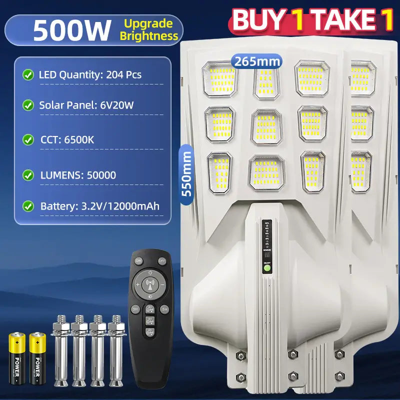 KKSKY 500W solar street light waterproof outdoor heavy duty buy 1 take 1, 204pcs LED beads, 12000mAh battery, 50000 lumens solar LED street lamp with remote