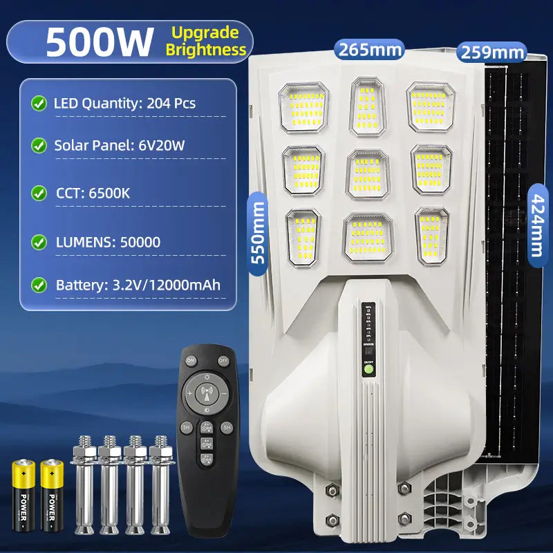 KKSKY 500W solar street light waterproof outdoor heavy duty dimension chart, 6500K cool white, 6V20W solar panel, all in one integrated solar street lamp