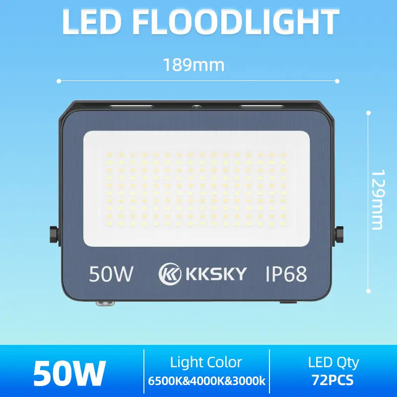 KKSKY 50W LED floodlight IP68 waterproof 3 color temperature size specification chart