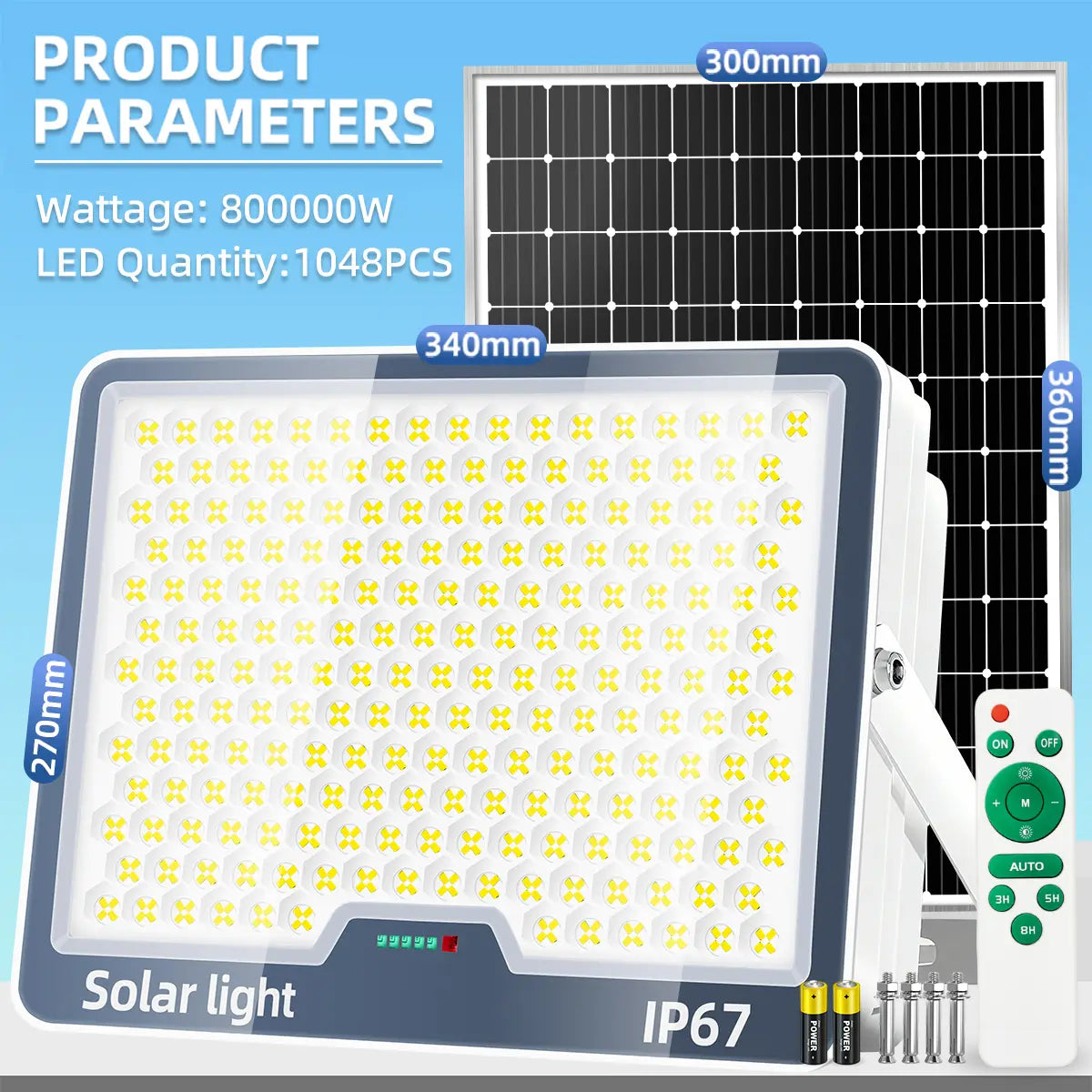 KKSKY 800000W lamp with solar panel, 1048PCS LED beads, IP67 waterproof high-brightness light for parking lots and construction sites