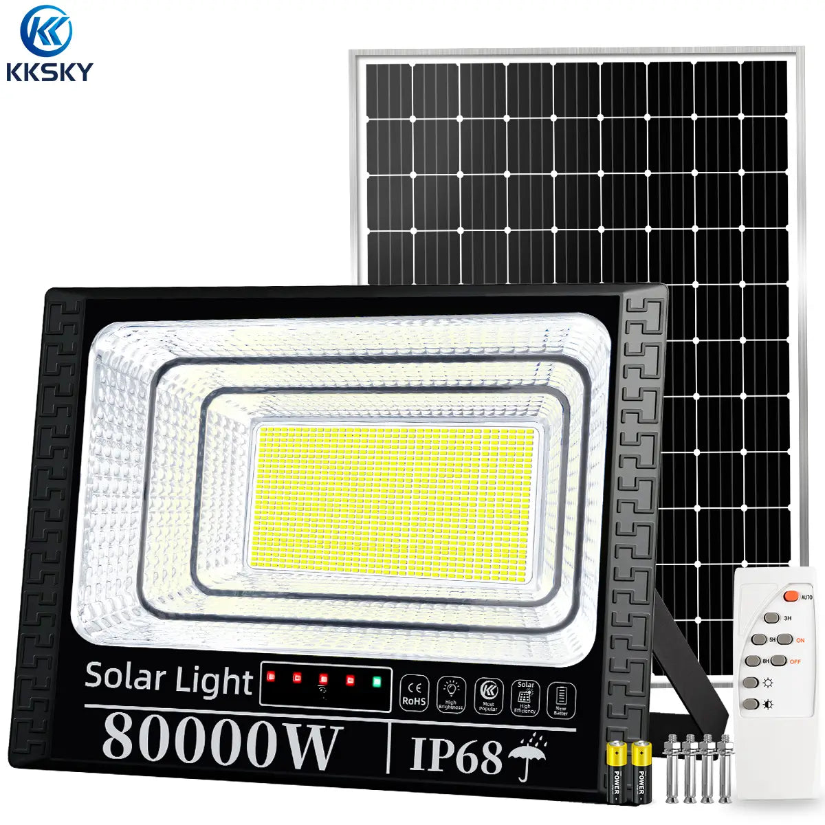 KKSKY 80000W Solar LED Flood Light, IP68 Waterproof Outdoor Street Lamp with Solar Panel and Remote Control, for Home & Commercial Use