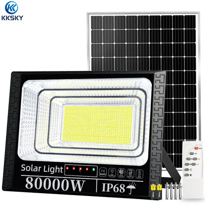 KKSKY 80000W Solar LED Flood Light, IP68 Waterproof Outdoor Street Lamp with Solar Panel and Remote Control, for Home & Commercial Use