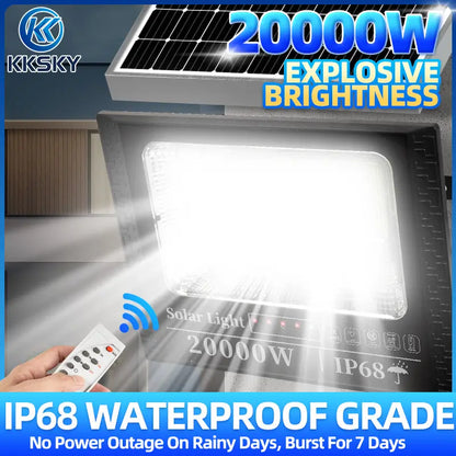 Close-up of KKSKY 80000W Solar Flood Light with 156PCS LED Beads, IP68 Waterproof Rating and Control Buttons